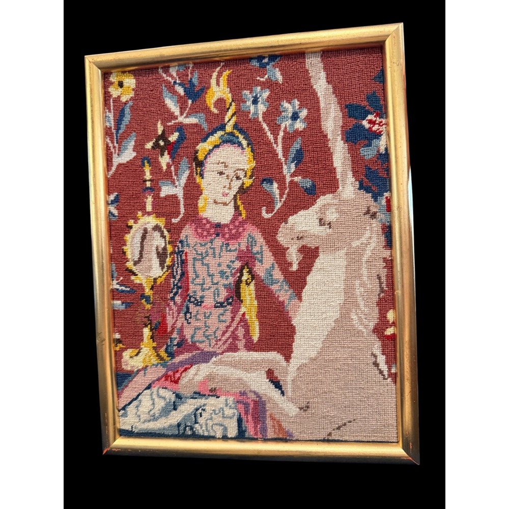 Vintage Framed Needlepoint The Lady and the Unicorn Medieval Tapestry Art 10x8